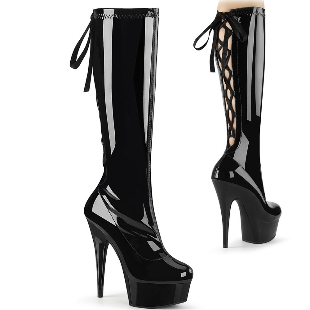 Pleaser Delight 2029 Black Platform Lace Up Knee High Boots